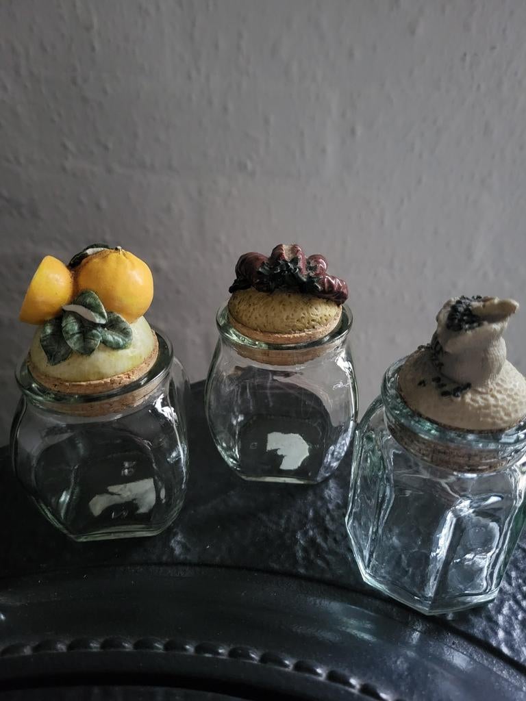 3 glazen kruidenpotjes, Ophalen of Verzenden, Gebruikt, Glas