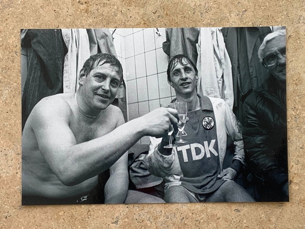 Org. zw/w foto 30x20 cm Johan Cruijff + Piet Schrijvers 1982, Verzenden, Nieuw, Ajax, Poster, Plaatje of Sticker