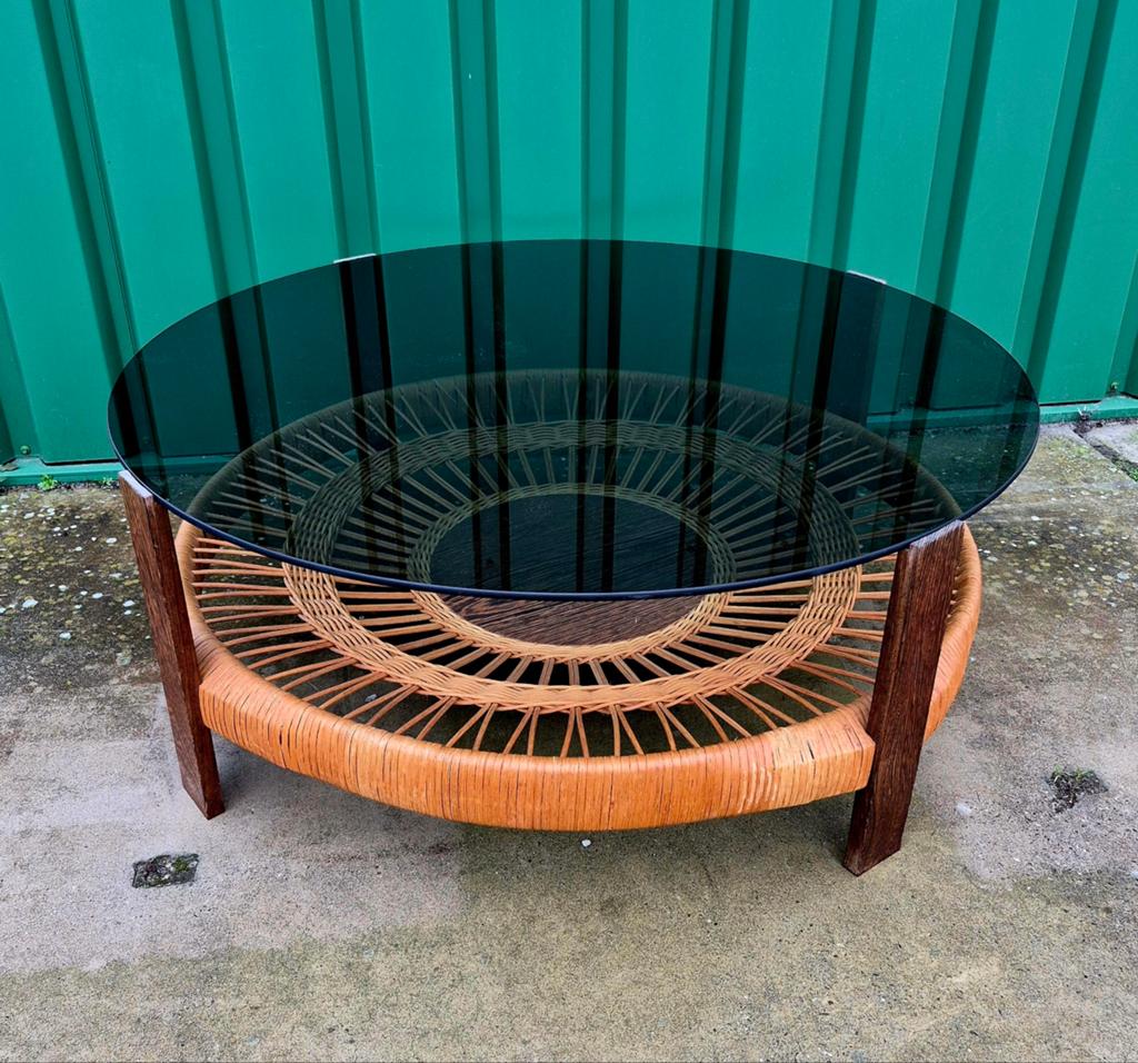 Vintage, mid-century, rotan salontafel, Rohé/TRIO, jaren 60, Ophalen, Glas, Rond, Zo goed als nieuw