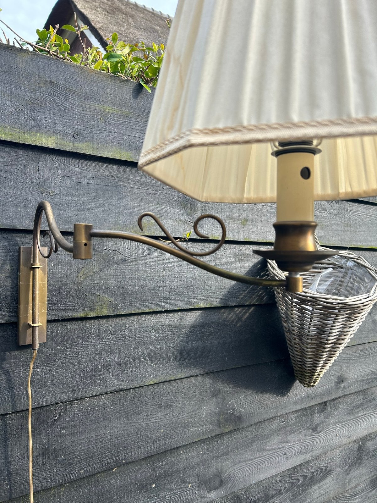 Vintage Messing Wandlamp met Stoffen Kap, Antiek en Kunst, Ophalen of Verzenden