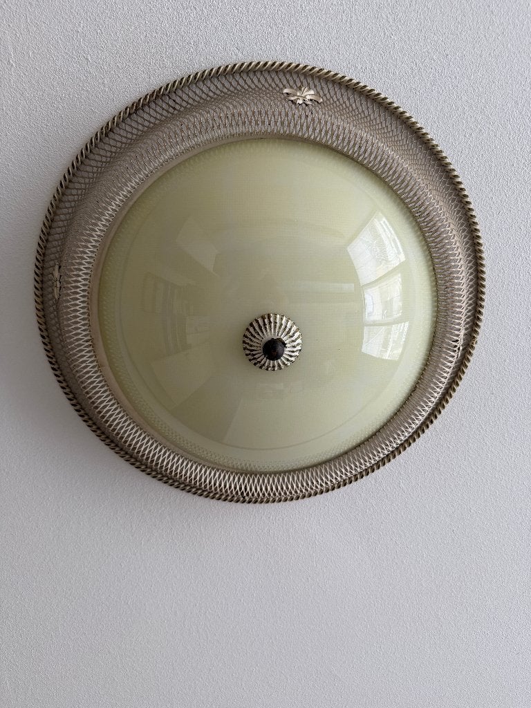 Antieke / vintage plafonniere messing / glas, Antiek en Kunst, Antiek | Lampen, Ophalen of Verzenden