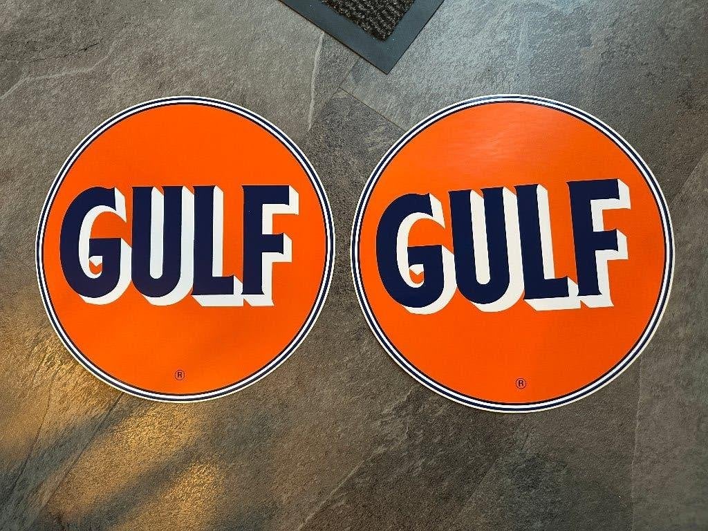 2 fraaie GULF benzinepomp stickers sticker. Benzine olie., Ophalen of Verzenden, Gebruikt, Gebruiksvoorwerp