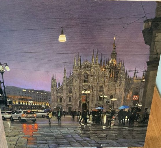 Schilderij Duomo Milaan bij schemering Origineel Piero Costa, Handgeschilderd, Ophalen of Verzenden, Olieverf, Stadsgezicht