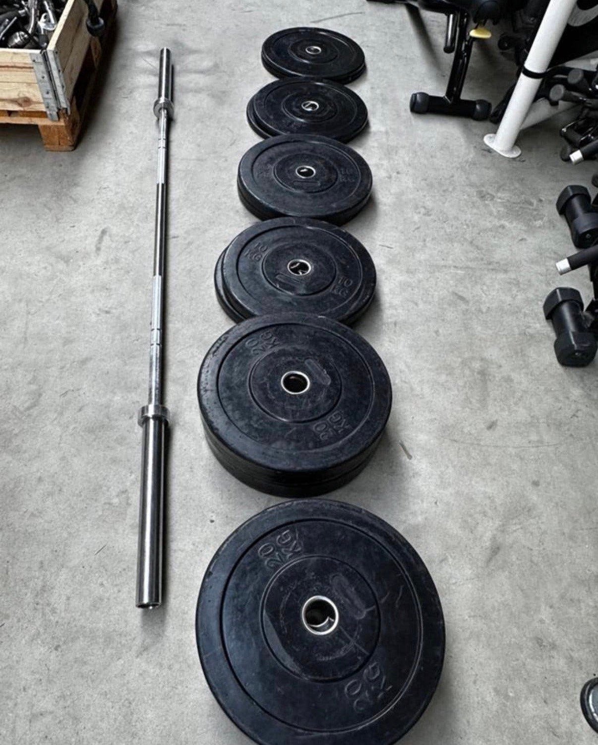 140kg Bumperplates + Olympische Barbell 220cm, Ophalen, Zo goed als nieuw