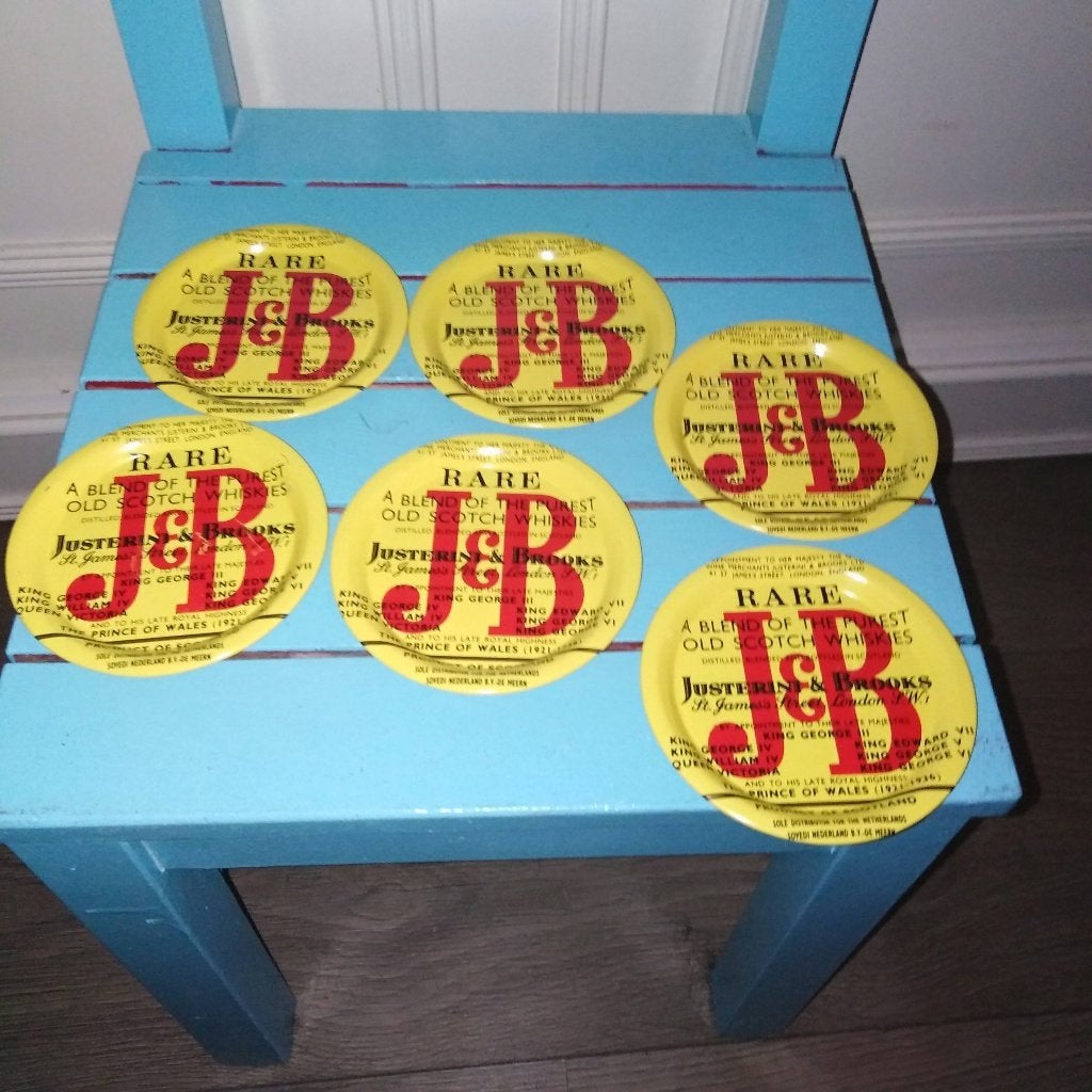 J&B Whisky onderzetters van aluminimum set van 6, Ophalen, Glasonderzetter, Zo goed als nieuw, Metaal