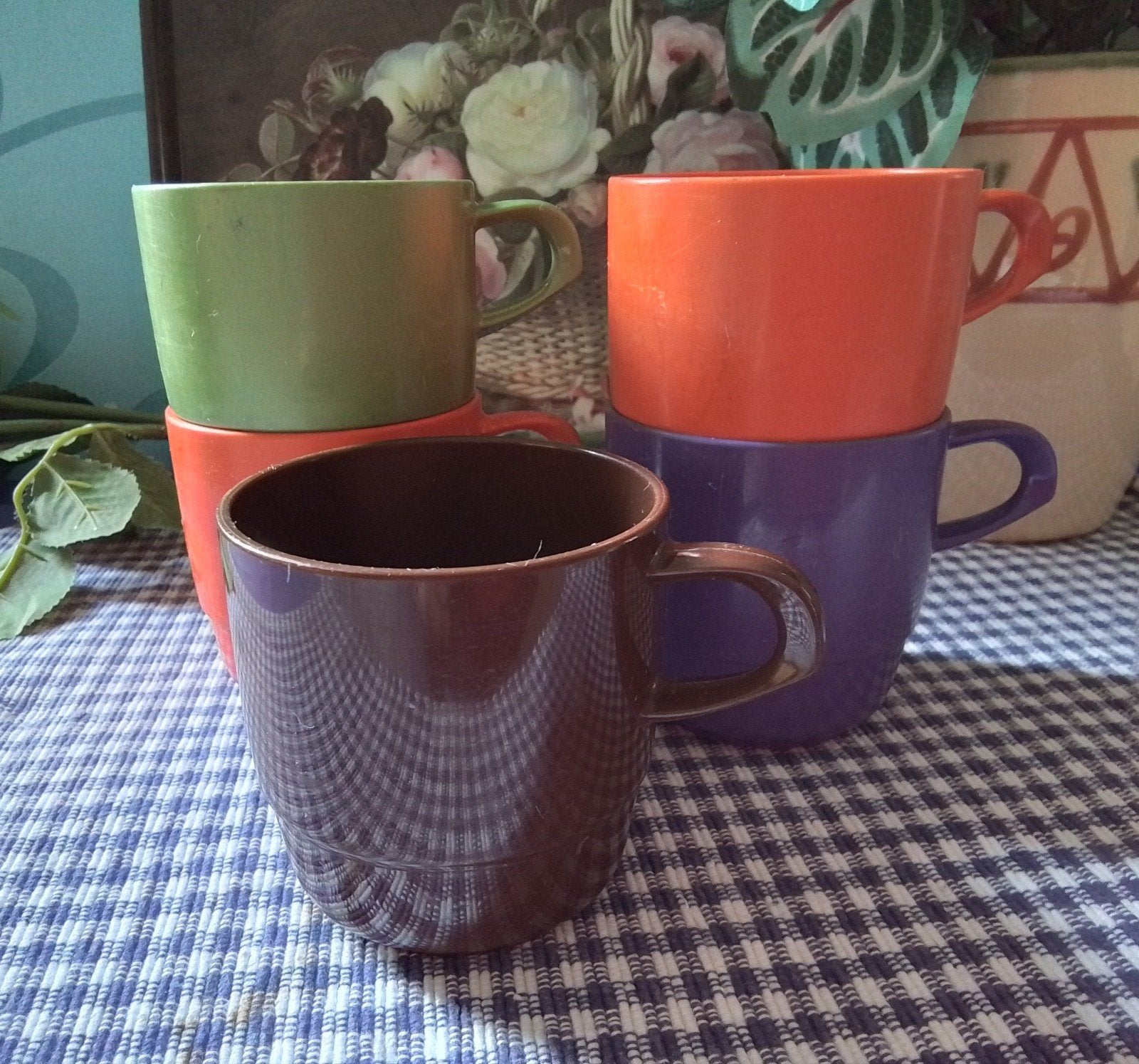 5 Vintage Mepal Kleurrijke Bekers - 7 cm hoog, Overige materialen, Gebruikt, Ophalen of Verzenden, Overige stijlen
