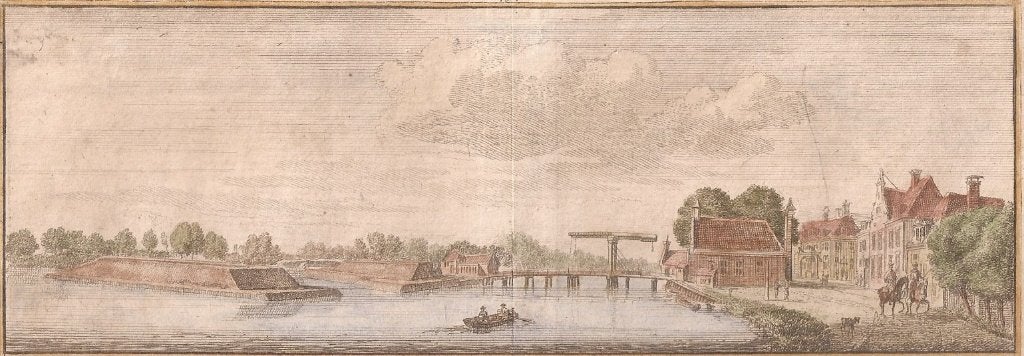 Nieuwersluis langs de Vegt, a.d.noordkant te zien 1744 gekle, Gesigneerd, Stadsgezicht, Ophalen of Verzenden, Gravure