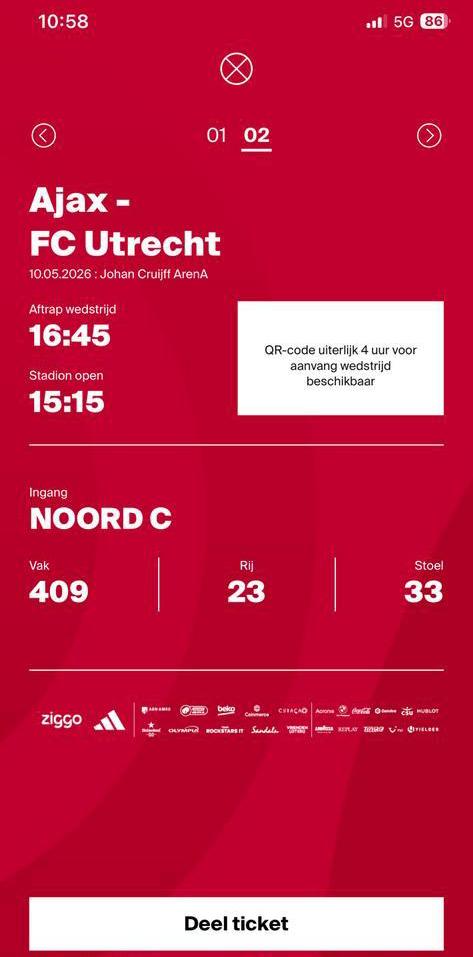 Ajax - Utrecht, Tickets en Kaartjes, Eén persoon, December