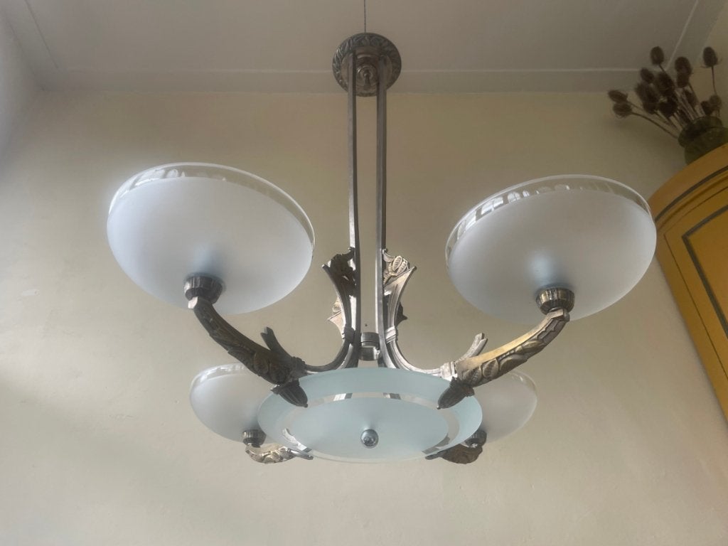 grote Hanglamp Lamp geetst glas artdeco 1930 Frans, Ophalen