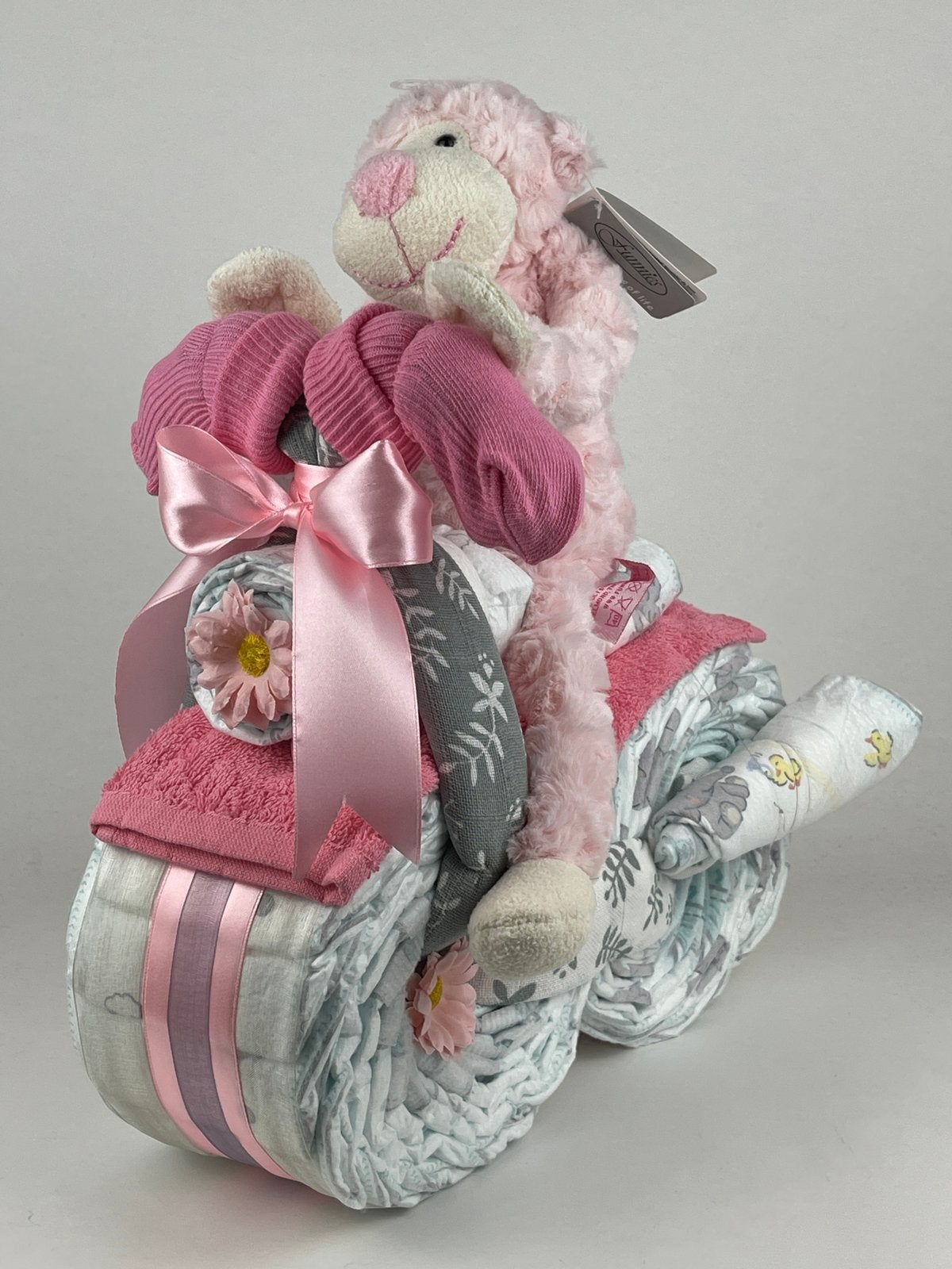 Luiertaart motor luiermotor meisje aap roze, Ophalen of Verzenden, Nieuw, Kraamcadeau