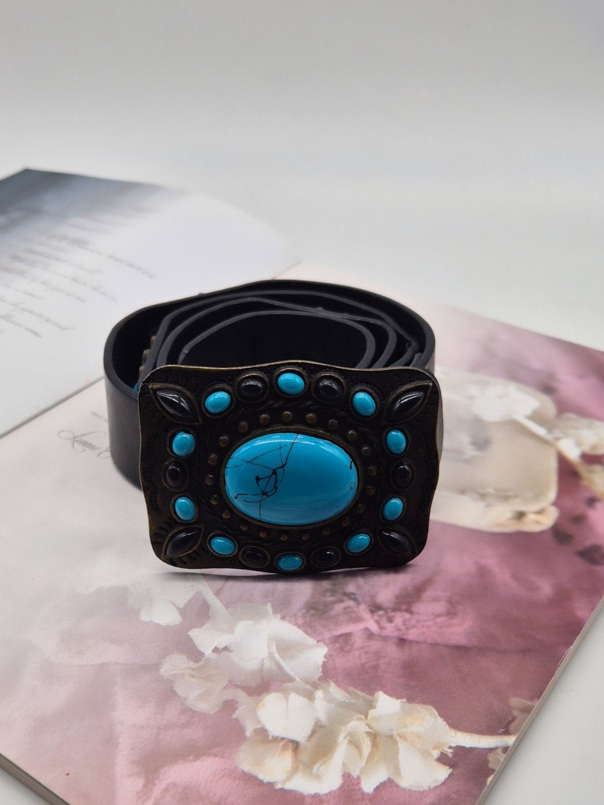 Zwarte Riem met Turquoise Stenen - Bohemian/Western Look, Ophalen of Verzenden, Zo goed als nieuw, Zwart, Tailleriem