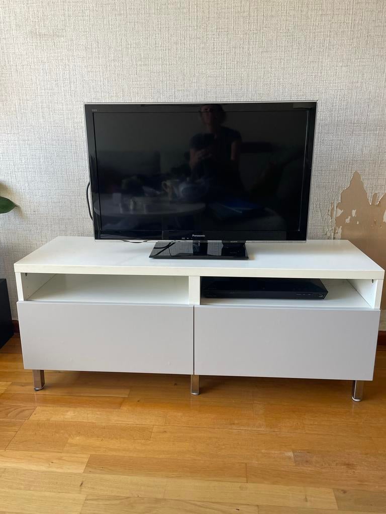 Ikea Besta tv-meubel wit met grijze lades - 120 cm, Ophalen, Gebruikt, 150 discs of meer, Hout