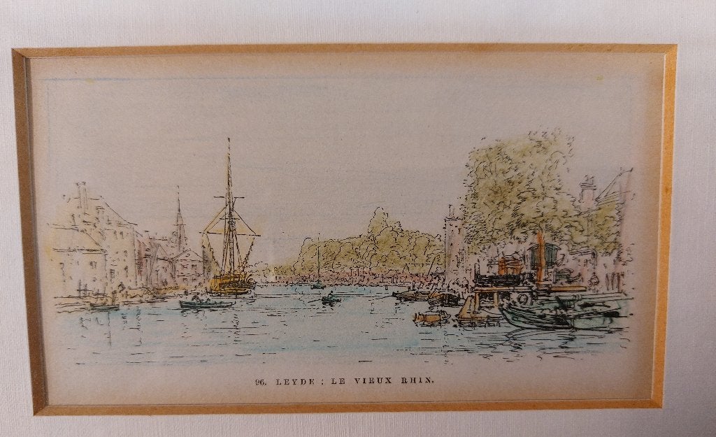 Zeevaartschool en Galgewater Leiden gekleurde prent Antiek, Antiek en Kunst, Ingelijst, Ophalen of Verzenden