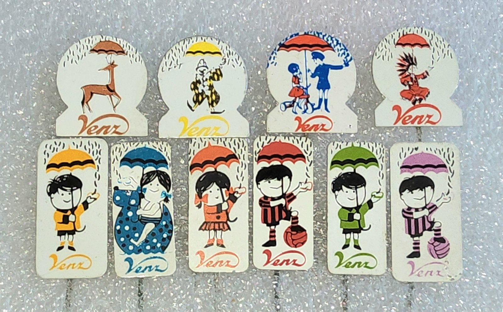 Set van 10 vintage Venz hagelslag speldjes, Verzamelen, Ophalen of Verzenden, Gebruikt, Overige onderwerpen, Speldje of Pin