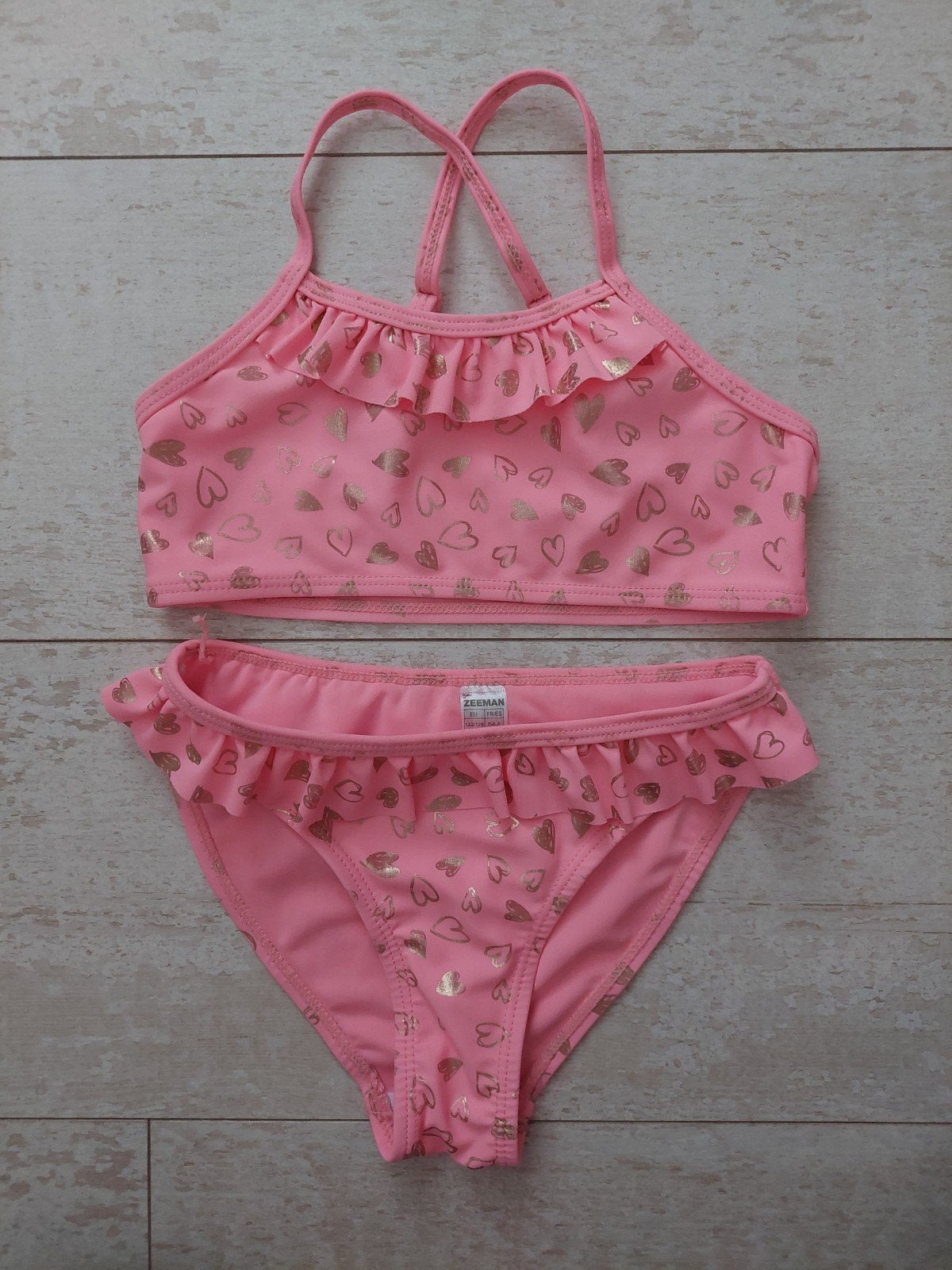 Leuke tankini bikini neon roze met gouden hartjes, Zeeman, Bikiniset, Zo goed als nieuw, Verzenden