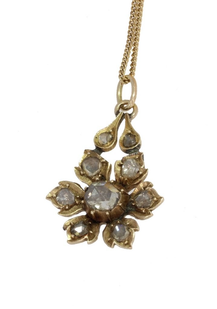 Diamanten bloem 14k gouden fraai antieke ketting hanger dame, Ophalen of Verzenden, Goud, Hanger, Met edelsteen