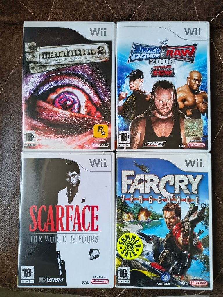 Wii Games: Manhunt 2, Scarface, Far Cry, Smackdown vs Raw, Spelcomputers en Games, Avontuur en Actie, Gebruikt, Vanaf 18 jaar
