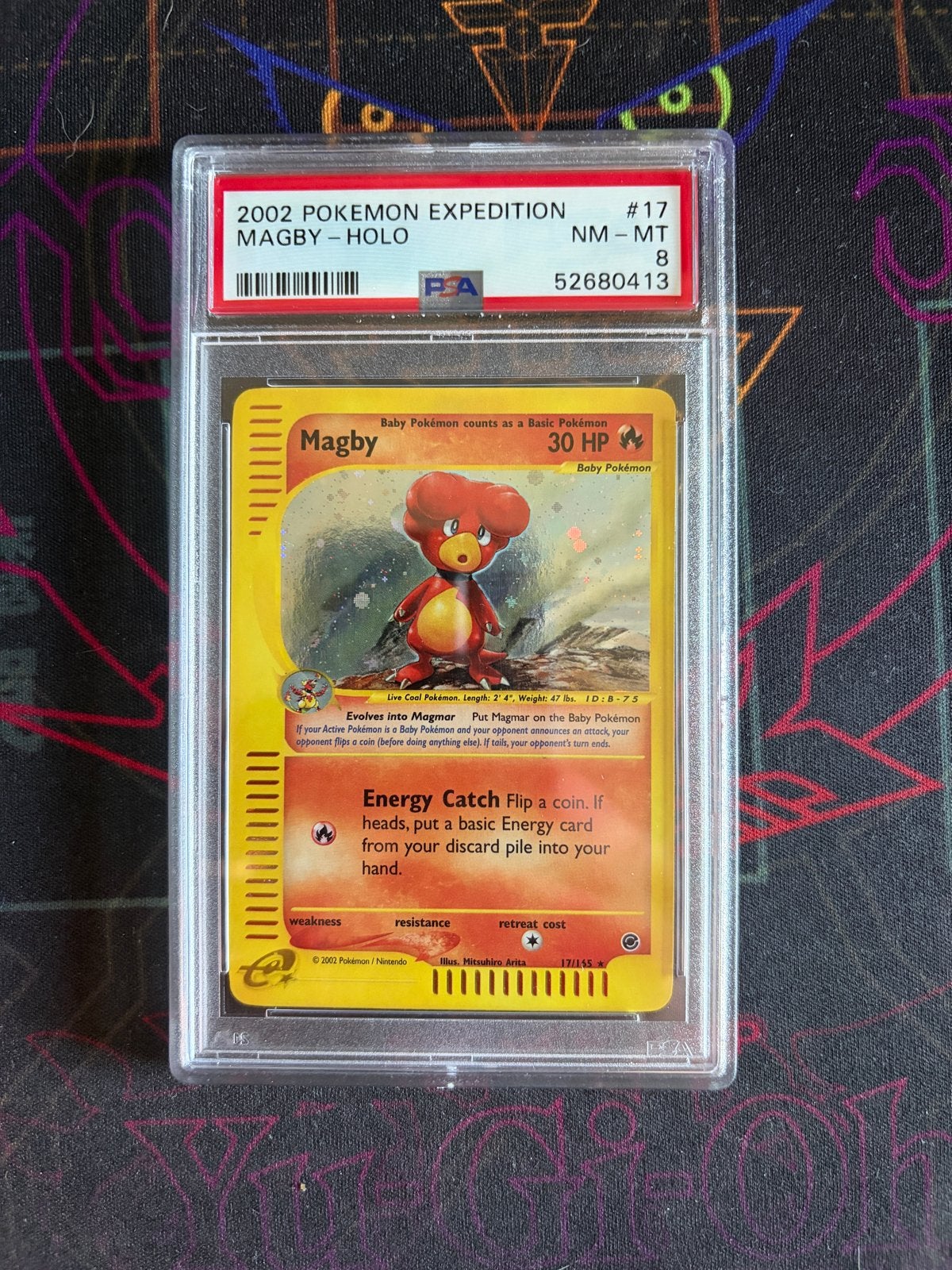 2002 Pokemon Expedition Magby Holo PSA 8, Ophalen of Verzenden, Zo goed als nieuw, Losse kaart, Foil