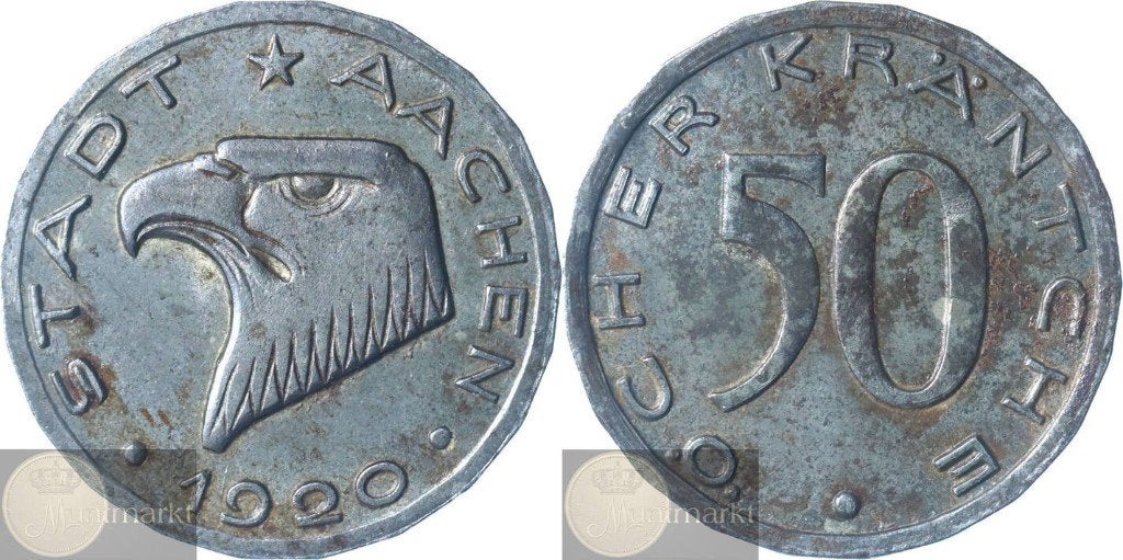 Duitsland - Stad Aachen Noodgeld 50 Pfennig 1920 K, Postzegels en Munten, Munten | Europa | Niet-Euromunten, Ophalen of Verzenden