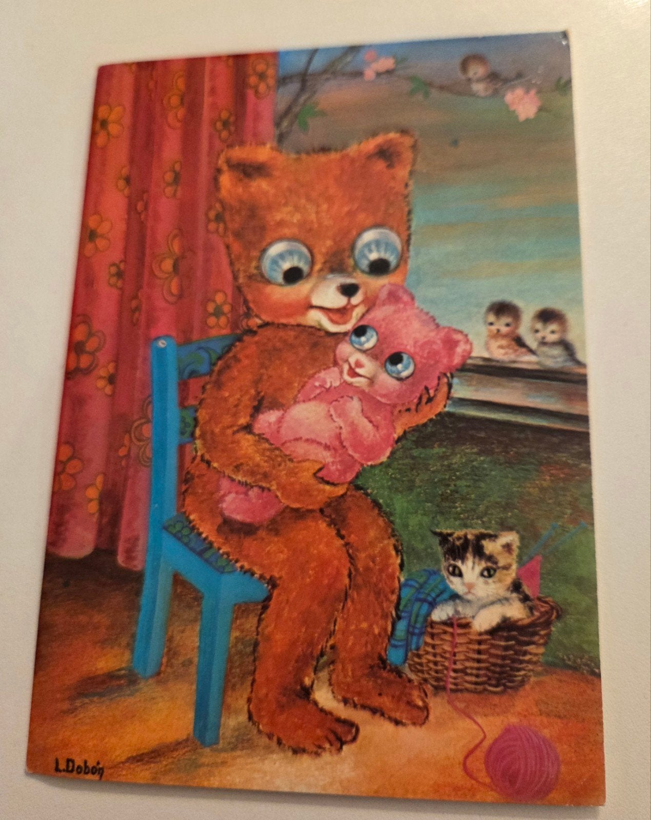 Teddybeer met roze beertje en katje in mand - L.Dobón, Verzenden, 1960 tot 1980, Ongelopen, Kinderen
