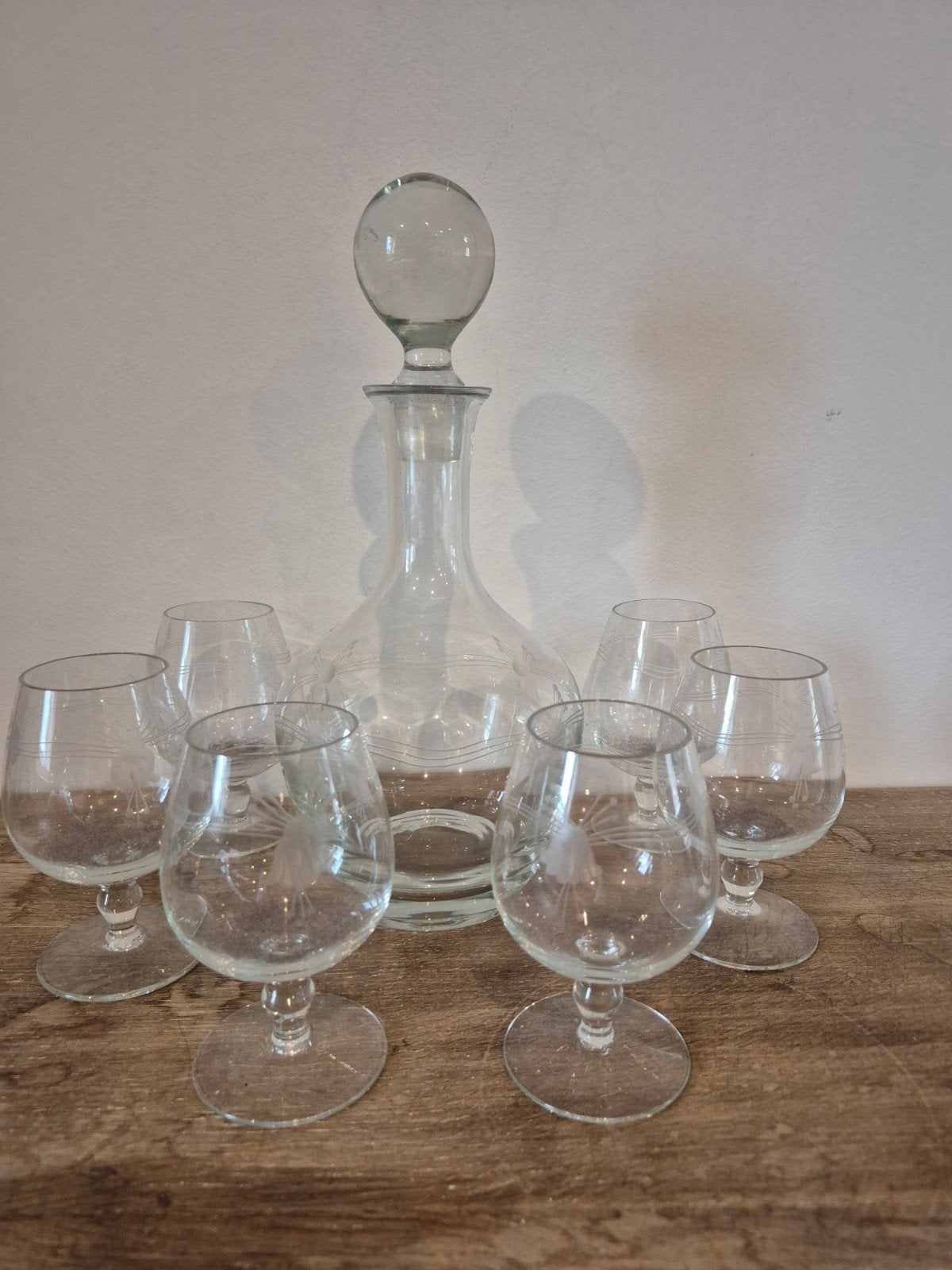 Vintage Glazen Karaf met 6 Cognac Glazen - Gegraveerd, Ophalen of Verzenden