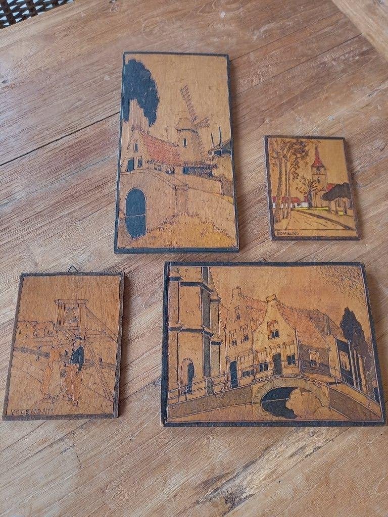 4 schilderijtjes/houtsnijwerk/pyrografie, Ophalen of Verzenden, Gebruikt, Hout