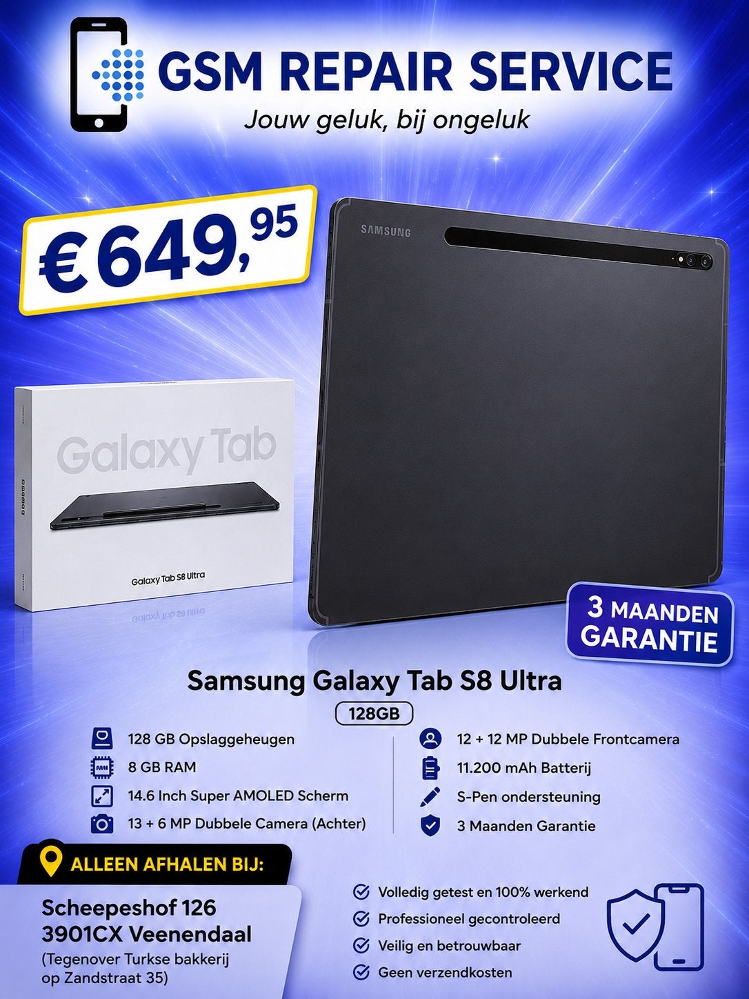 Samsung Galaxy Tab S8 Ultra 128GB – nieuw zonder doos, Ophalen, Zo goed als nieuw, 12 inch