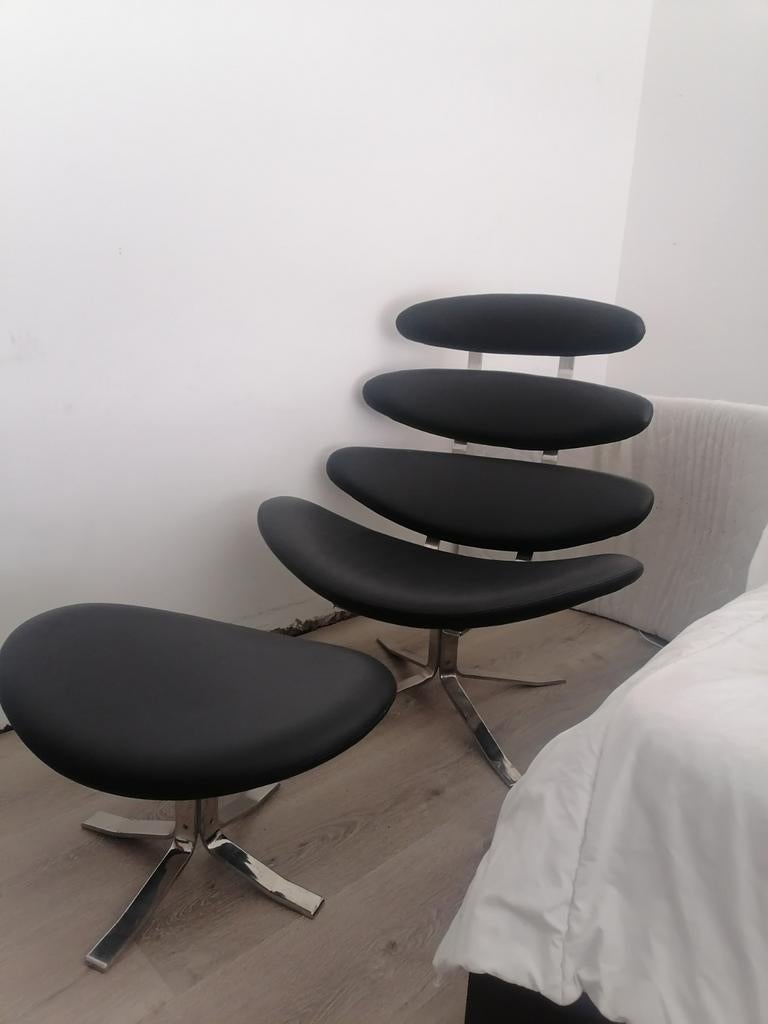 Design Fauteuil met Ottoman - Jaren '60/'70 - Zwart Leder, Huis en Inrichting, Fauteuils, Ophalen of Verzenden, Zo goed als nieuw