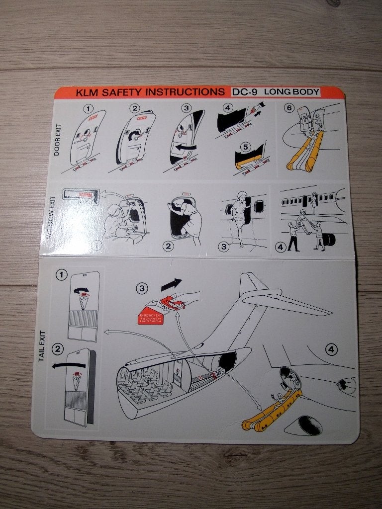 KLM Safety Card McDonnell Douglas DC-9 Longbody 1980, Ophalen of Verzenden, Zo goed als nieuw, Kaart, Foto of Prent