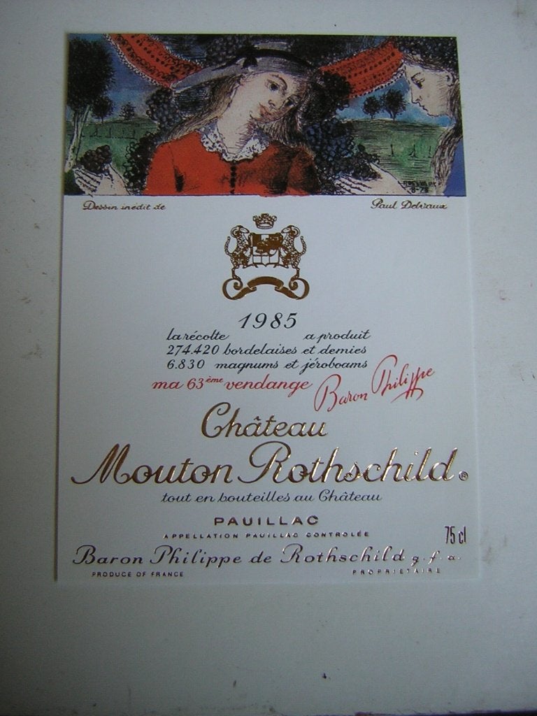 Origineel Chateau Mouton Rothschild Wijn Etiket 1985, Frankrijk, Nieuw, Ophalen of Verzenden, Rode wijn