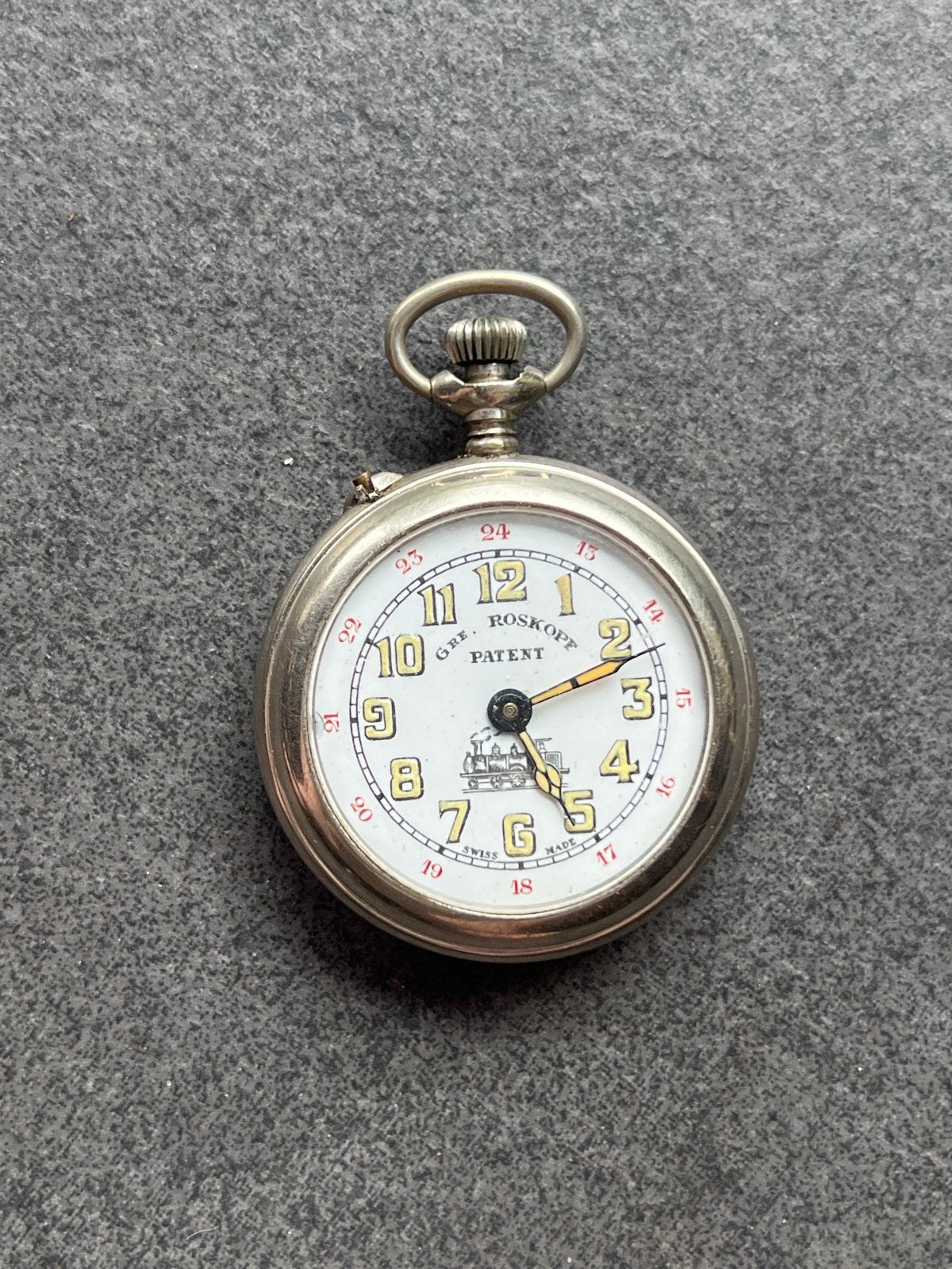 Antiek Roskopf Patent Zakhorloge met Trein Gravure, Sieraden, Tassen en Uiterlijk, Horloges | Antiek, Overige merken, Zakhorloge