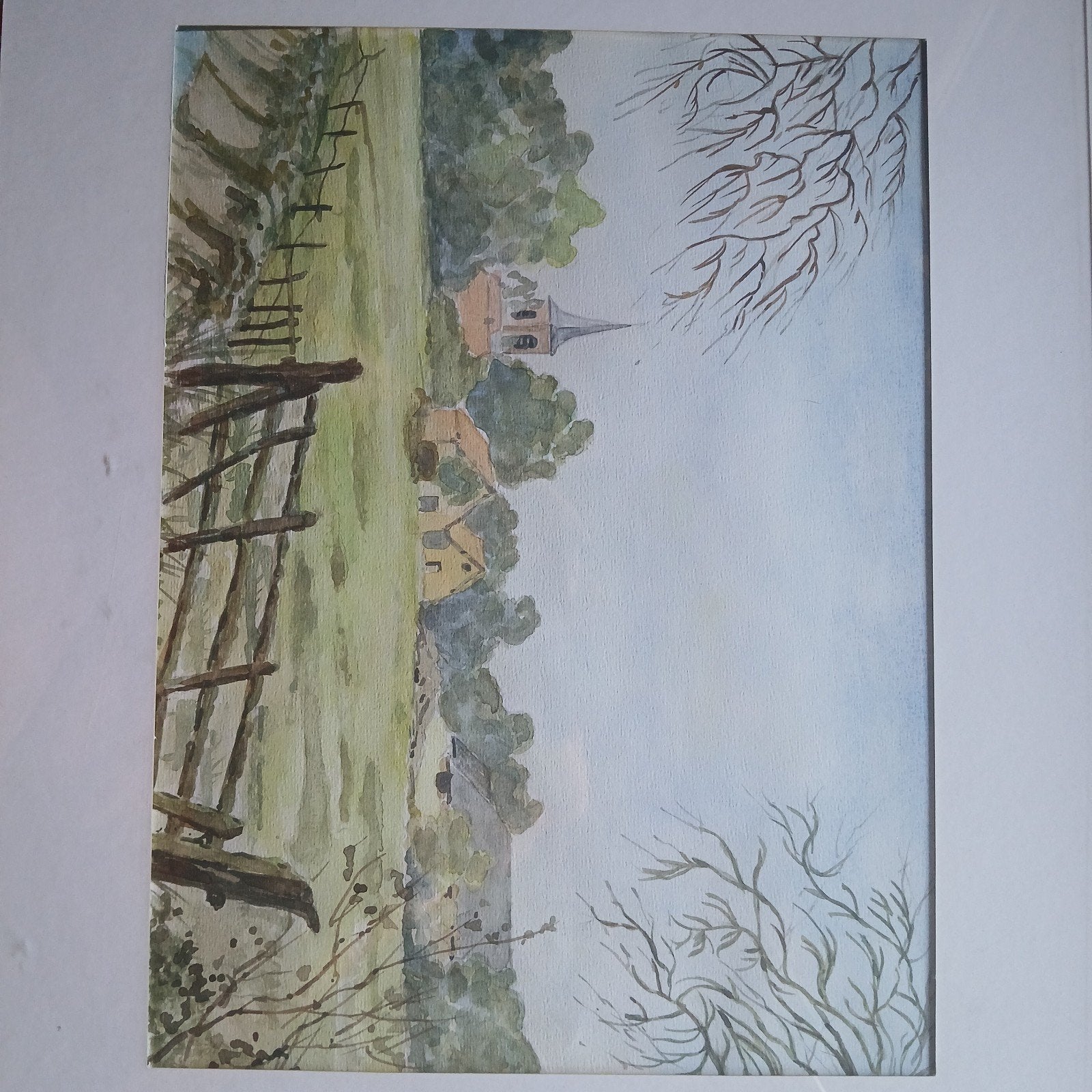 Aquarel Dorpslandschap met Kerk en Huis, Ophalen