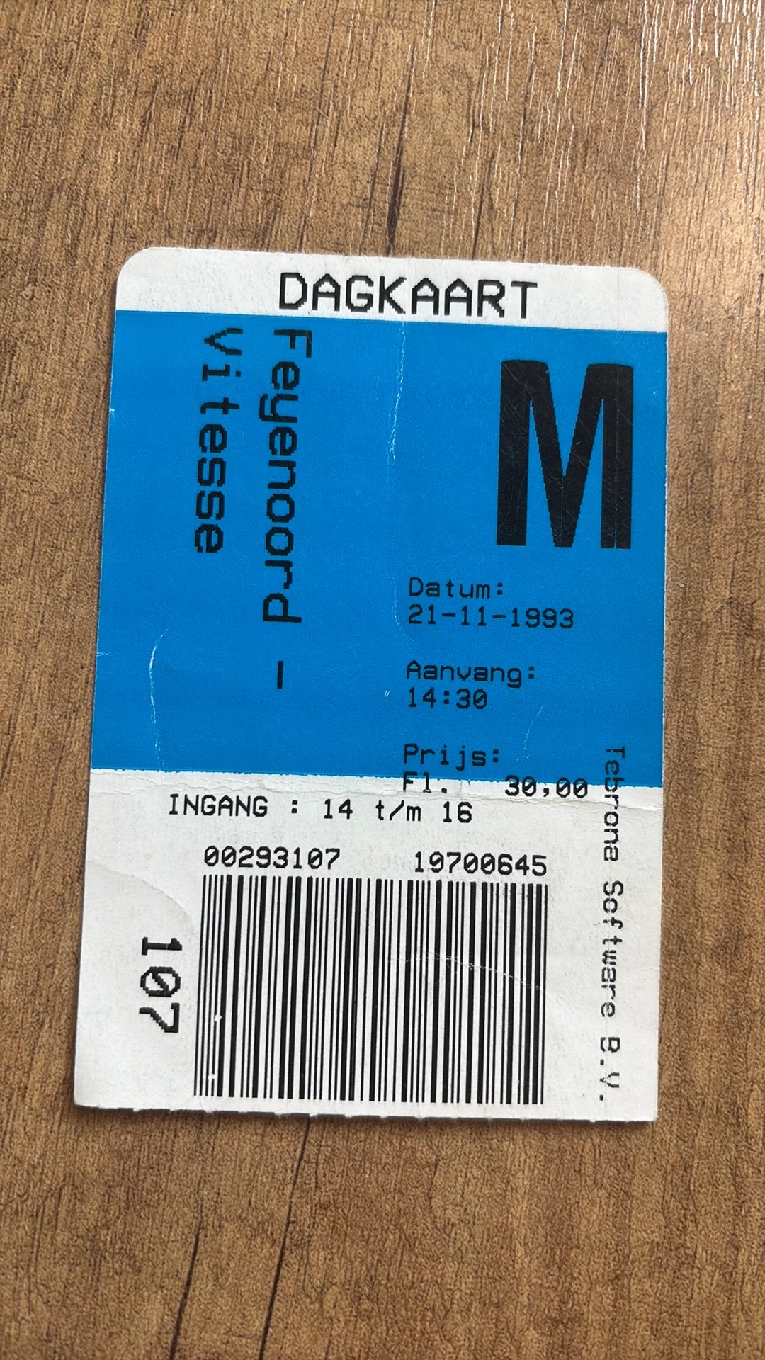 Oud stadionticket feyenoord vitesse 1993, Ophalen of Verzenden, Zo goed als nieuw, Feyenoord