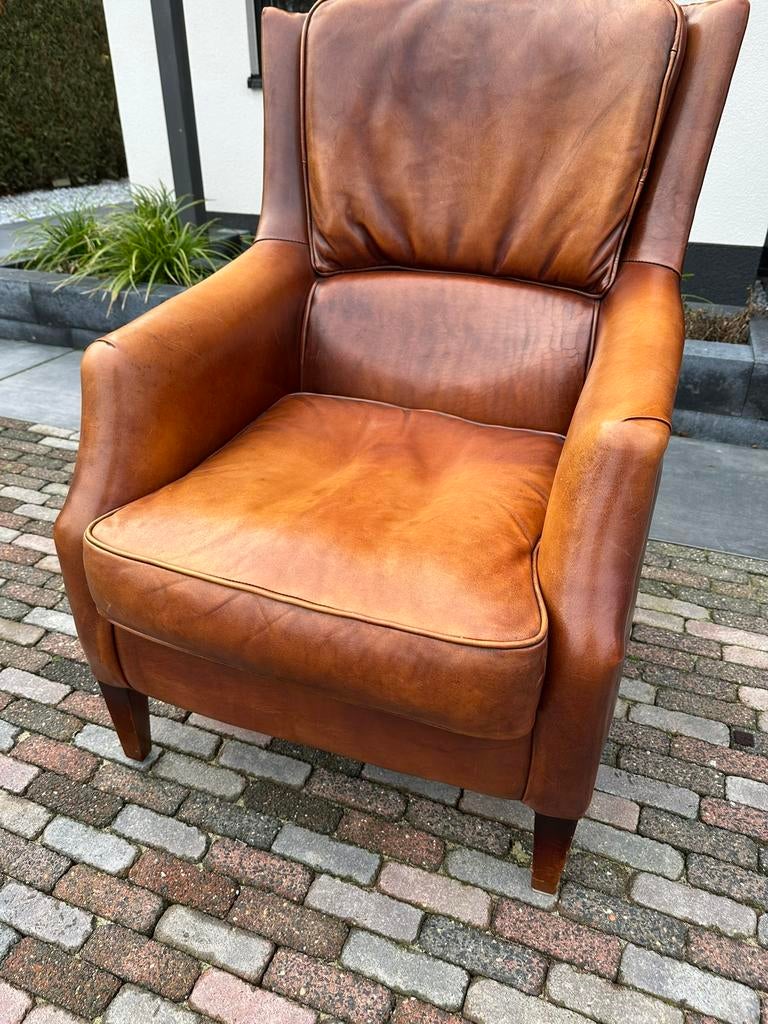 Prachtige schapenleren fauteuil. Merk Bendic. Izgs, Huis en Inrichting, Fauteuils, Ophalen, ., Chesterfield, Zo goed als nieuw