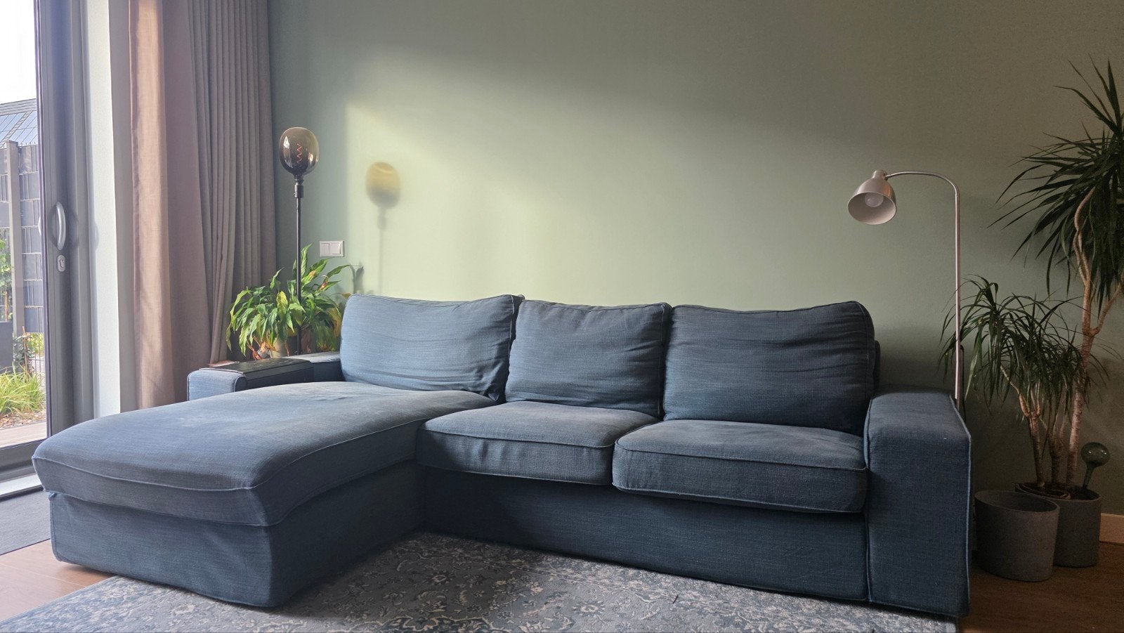 IKEA Kivik 3-zitsbank met chaise longue, blauwe hoes, Ophalen, 250 tot 300 cm, Gebruikt, Hoekbank