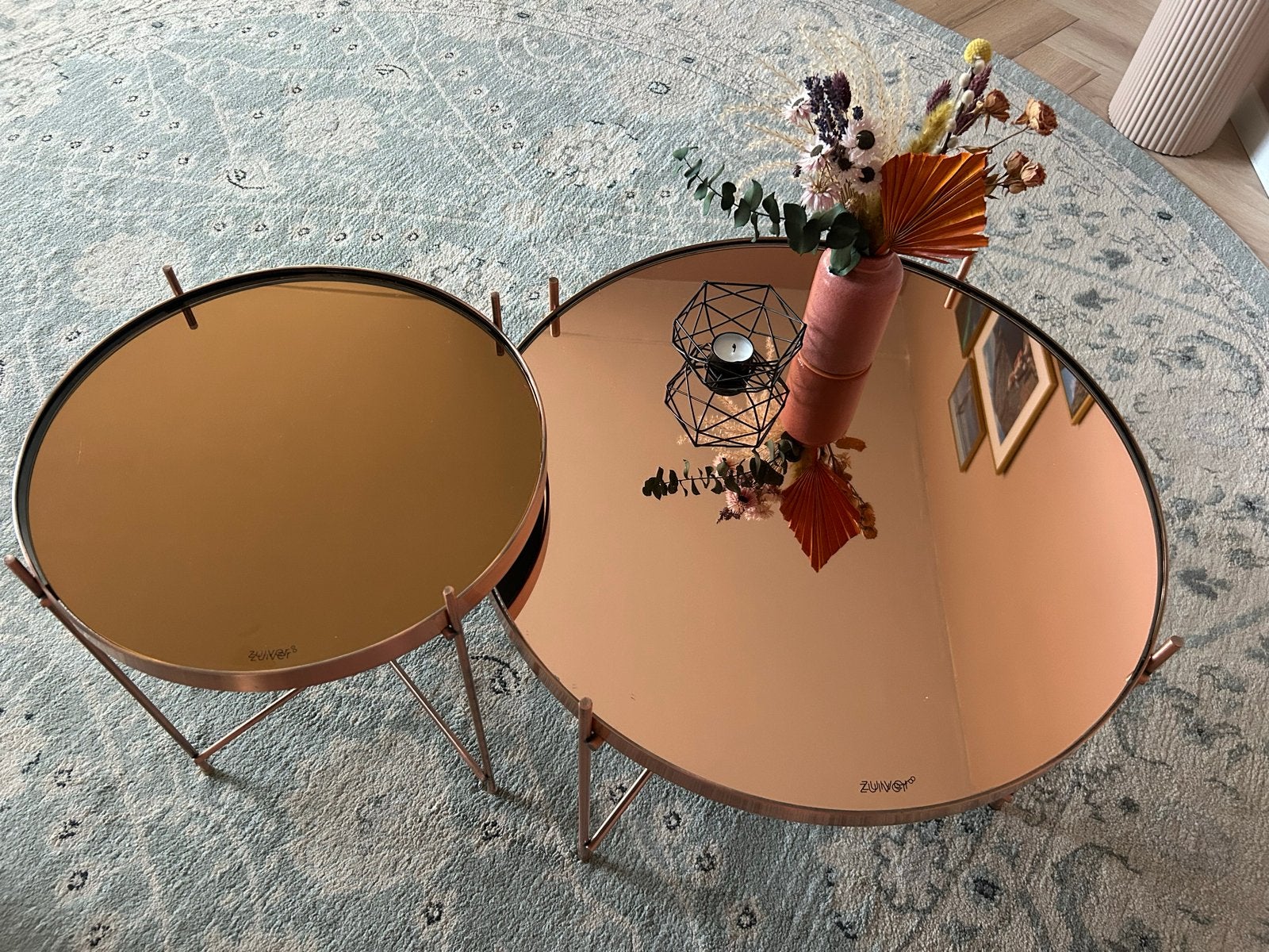 Set van 2 Zuiver bijzettafels met spiegelblad - rose goud, Ophalen, Minder dan 45 cm, Metaal of Aluminium, Rond