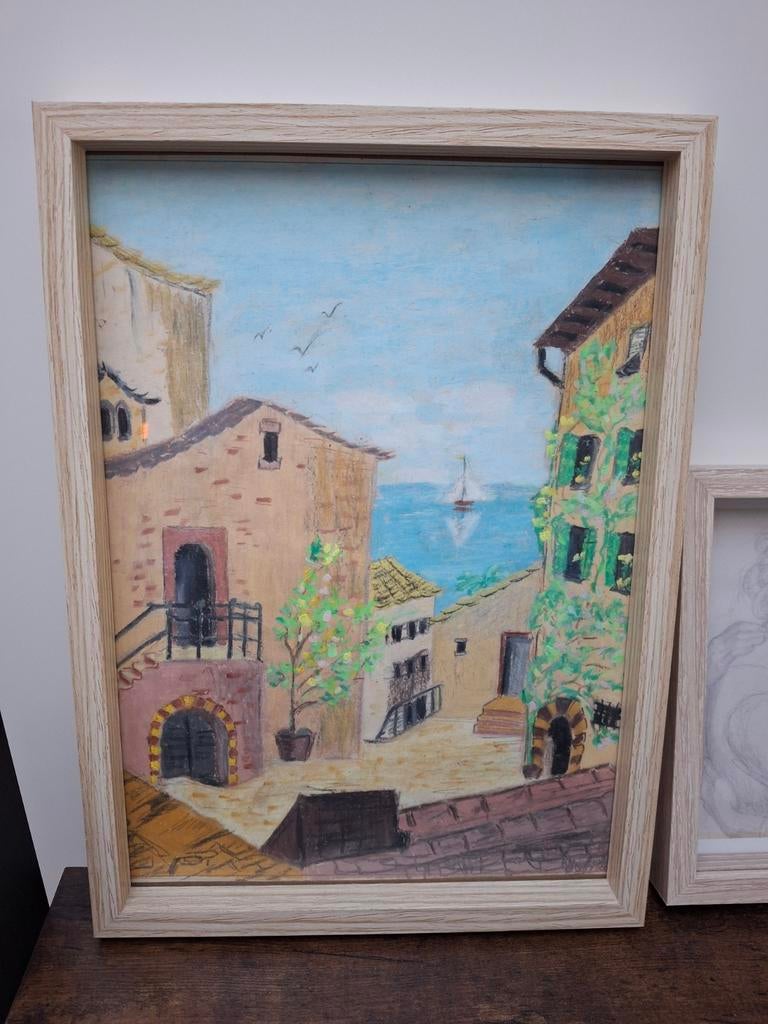 Italiaans aquarel schilderijtje en Griekse afbeelding, Ophalen of Verzenden, Minder dan 50 cm, Schilderij