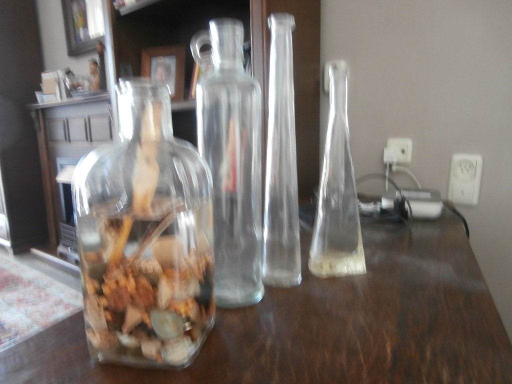 vaas Fles glas glazen olielamp met olie en schelpen stenen, Ophalen of Verzenden, Zo goed als nieuw, Inclusief decoratie, Glas