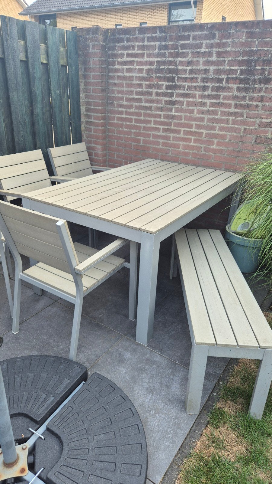 Tuinset met 4 stoelen en bankje - Tafel 160x100cm, Ophalen, Overige materialen, Gebruikt, Bank