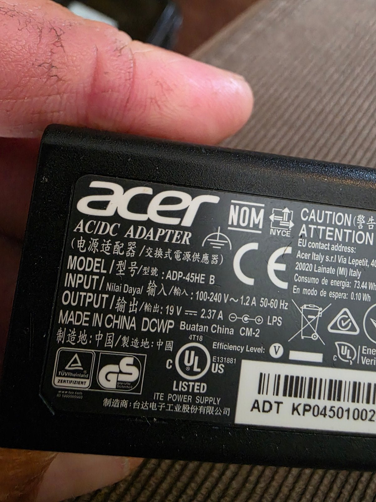 Acer laptop oplader 19V - Model ADP-45HE B, Ophalen of Verzenden, Gebruikt, Acer