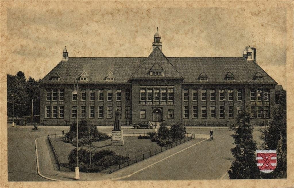 Enschede - Hoogere Textielschool - auto fiets wapen - ongelo, Verzamelen, Ophalen of Verzenden, 1920 tot 1940, Ongelopen, Overijssel