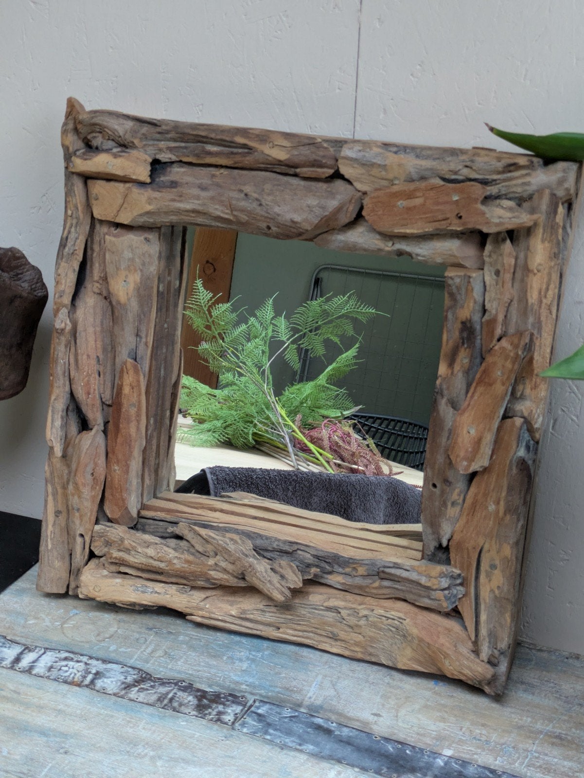 Driftwood/drijfhout houten spiegel, Huis en Inrichting, Woonaccessoires | Spiegels, Ophalen, Vierkant, 50 tot 75 cm, Minder dan 100 cm