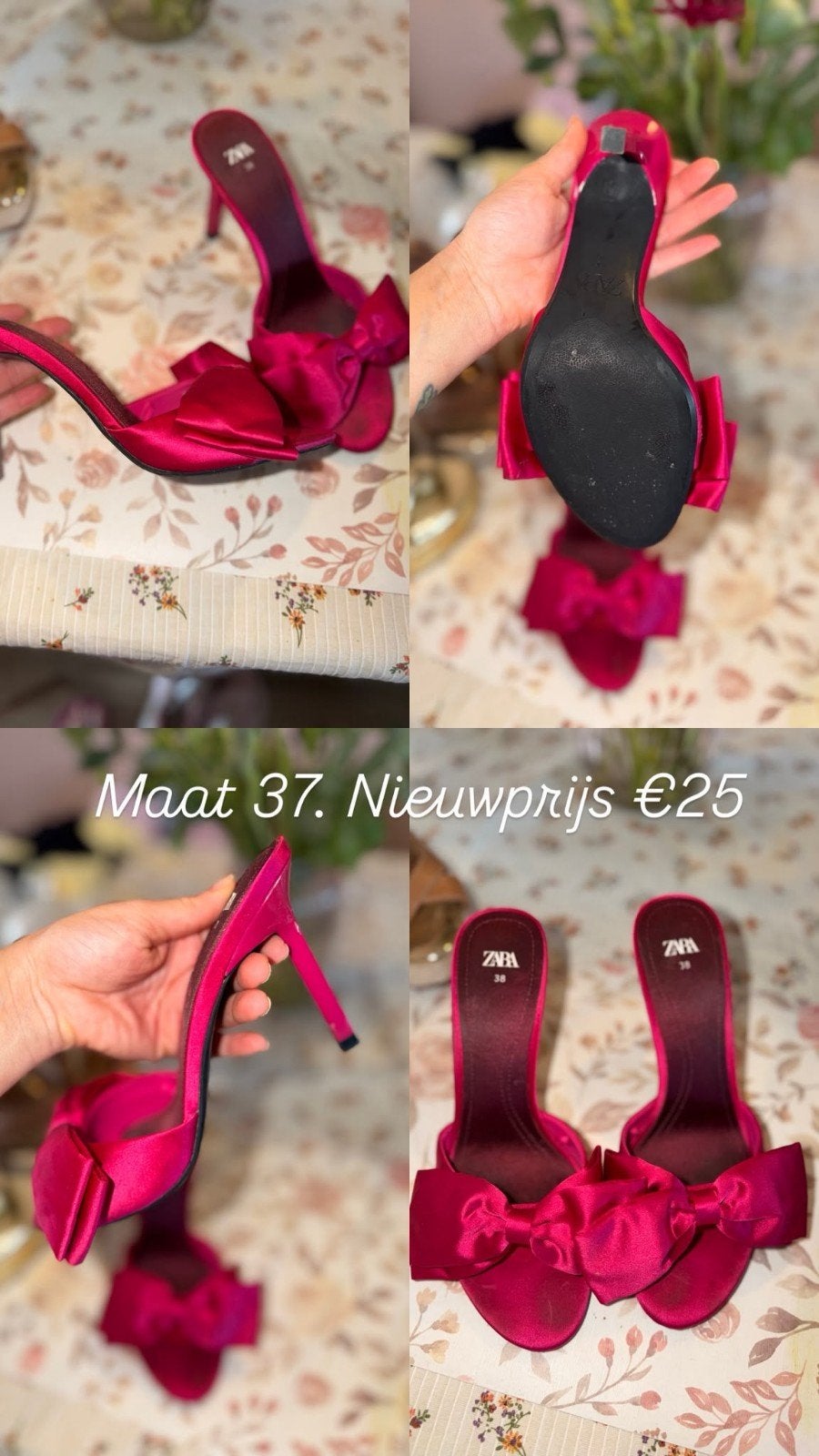 Zara fuchsia roze muiltjes met strik - Maat 37, Zara, Roze, Gedragen, Sandalen of Muiltjes