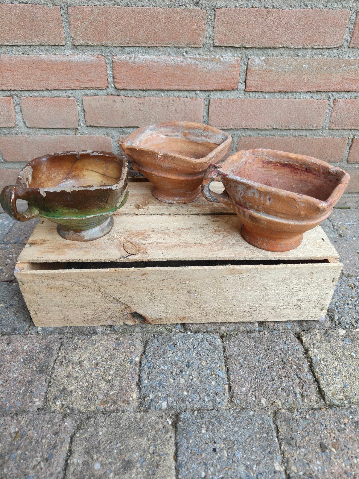 3 leuke oude terracotta potjes/schaaltjes, Ophalen, Rond, Minder dan 25 cm, Minder dan 40 cm
