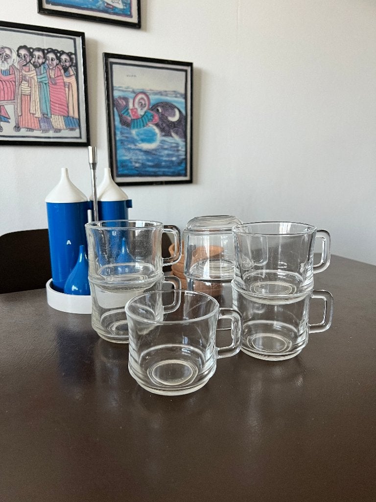 7 Duralex glazen mokken met handvat, Glas of Glazen, Gebruikt, Overige merken, Ophalen of Verzenden