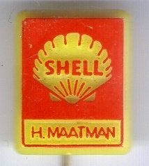 SHELL H. Maatman rood op geel plastic speldje ( M_176a), Verzenden, Zo goed als nieuw, Transport, Speldje of Pin