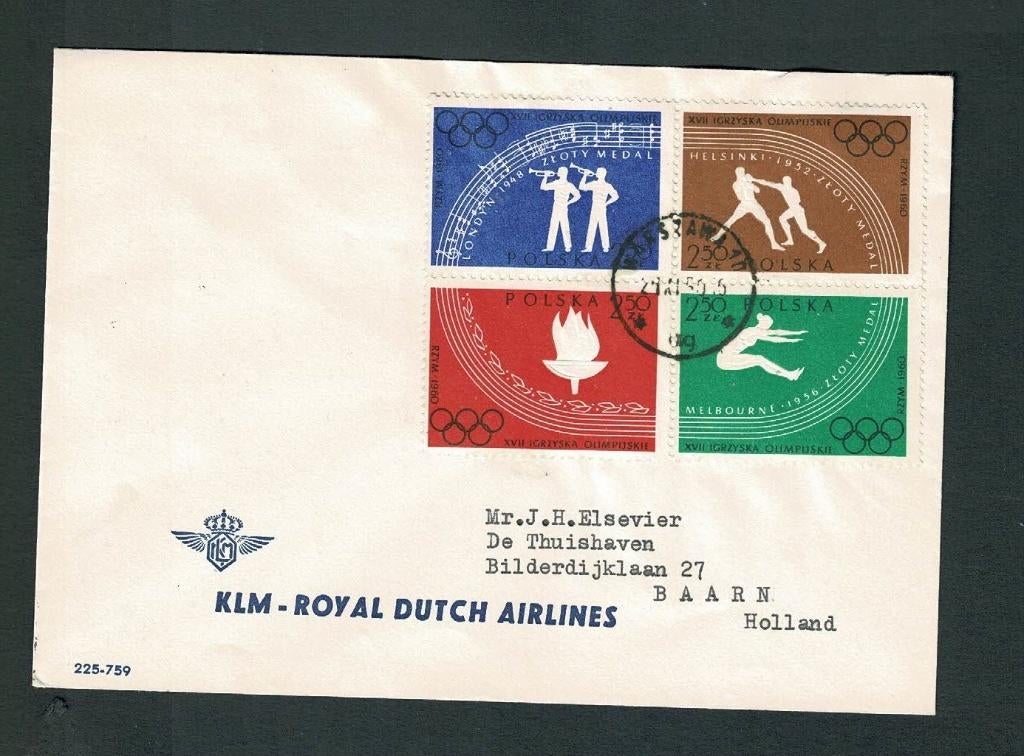KLM envelop  vanuit Polen met blok Olympische Spelen - 1960, Verzamelen, Verzenden, Gebruikt, Kaart, Foto of Prent