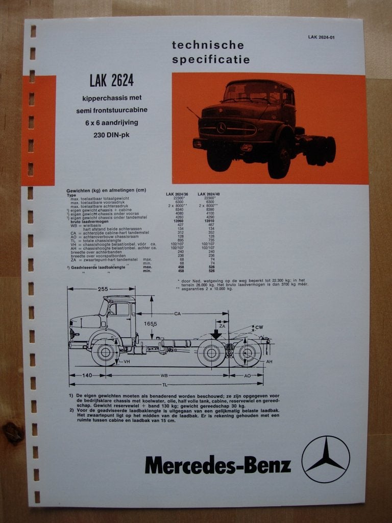 Mercedes 2624 LAK 6x6 Torpedo 1976 Specificatie Brochure, Zo goed als nieuw, Mercedes-Benz, Mercedes, Ophalen of Verzenden