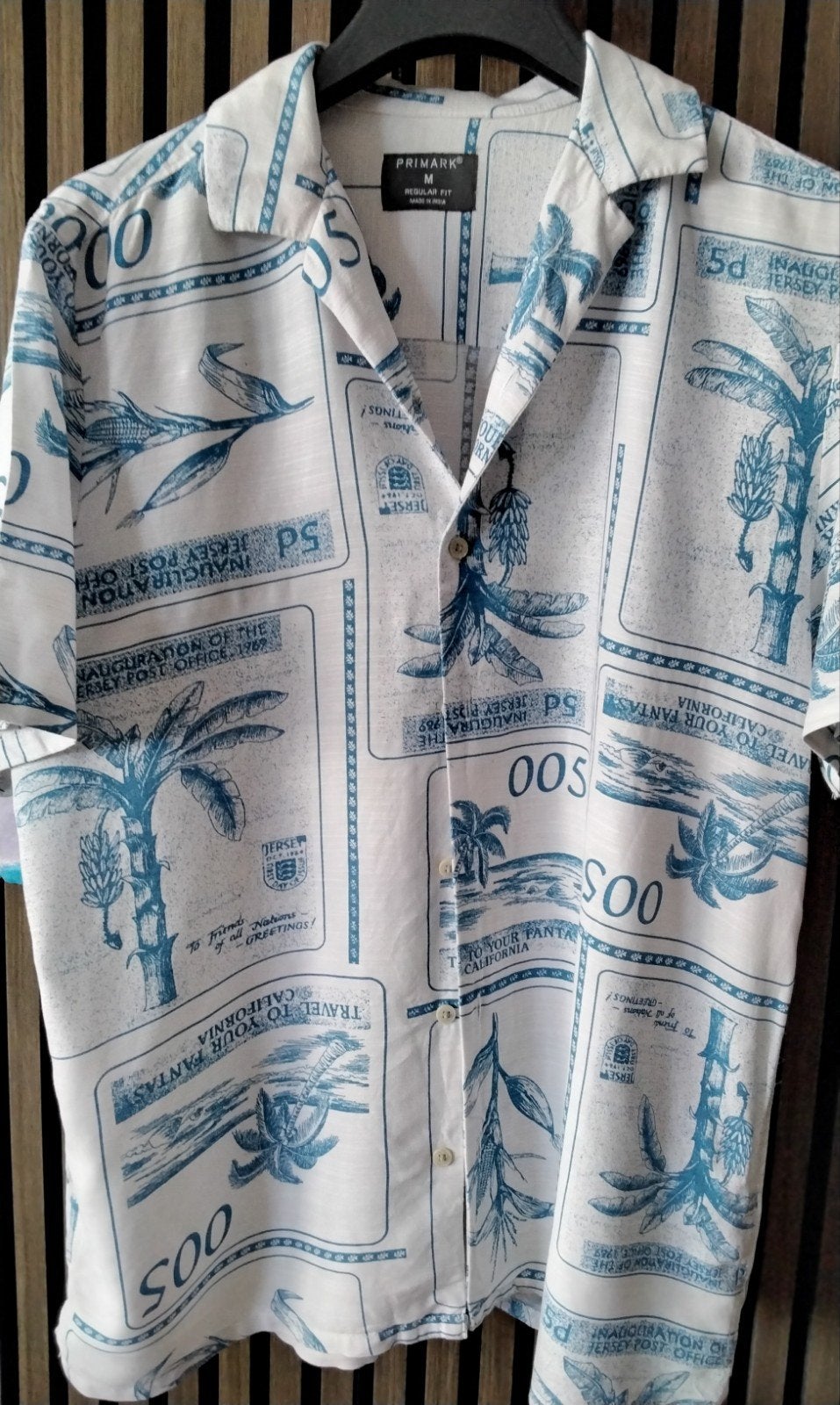 Primark Hawaii overhemd M - Wit/Blauw met palmboom print, Wit, Zo goed als nieuw, Primark, Halswijdte 39/40 (M)