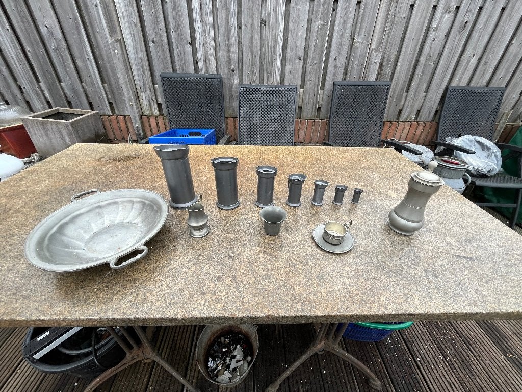 Oude tinnen kannen, maatbekers, schaal, Ophalen of Verzenden